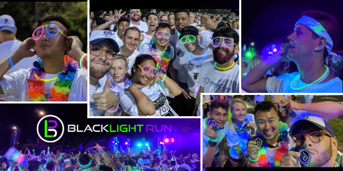 A collage of VeraCore team members at the 2019 Blacklight 5K Run.